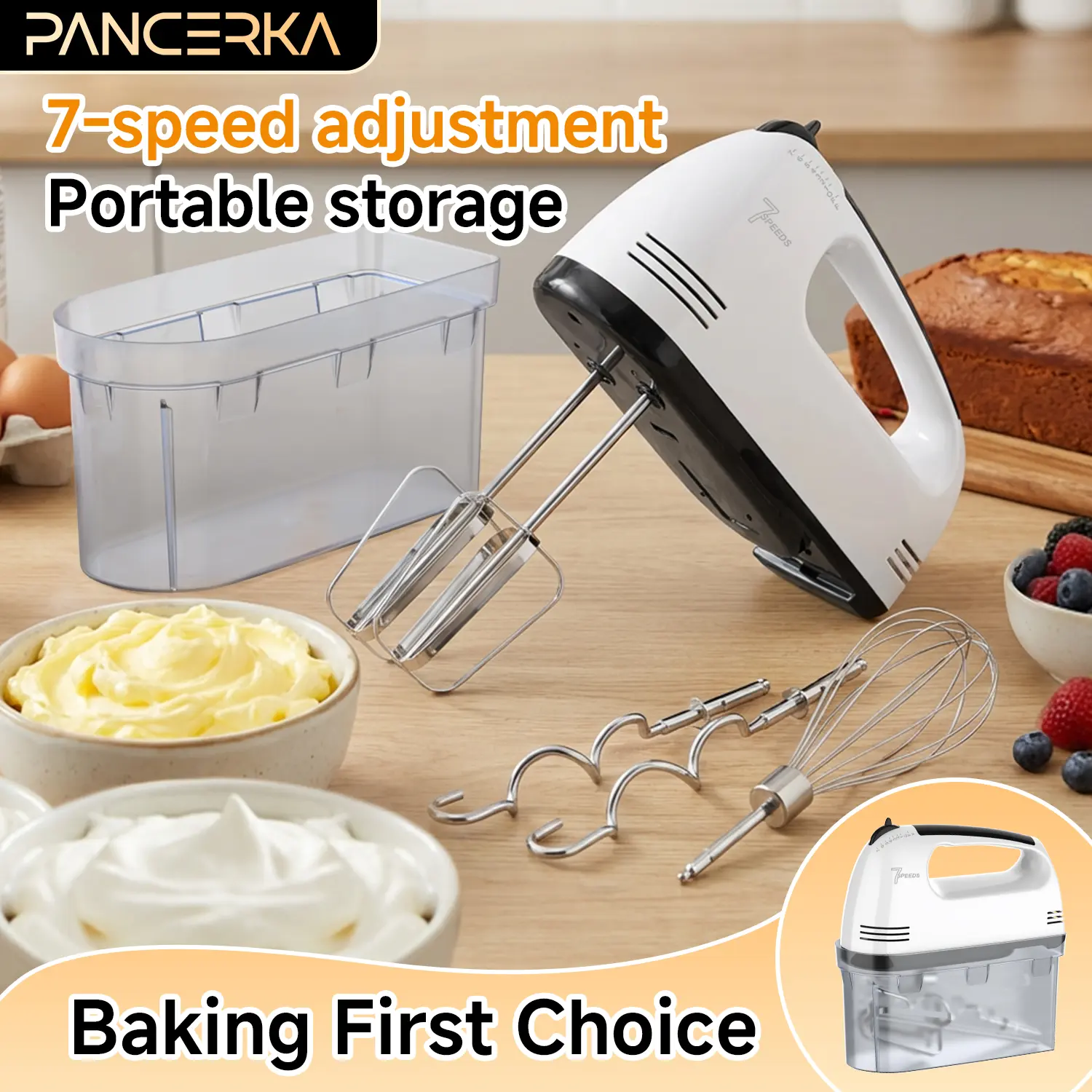 Electric Hand Mixer — 7 Adjustable Speeds, Includes 3 Stainless Steel Attachments, Features Power Boost and Variable Speed ​​Control Functions, Includes Snap-On Storage Case, Ideal for Cake Making and Whipping Eggs
