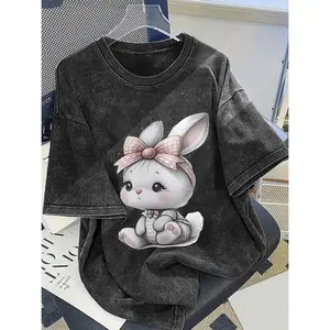 Trendy Women's Heavyweight Vintage Wash Pure Cotton Short Sleeve T Shirt Featuring Adorable Rabbit Print Soft Comfortable Loose Fit Suitable for Casual Outdoor Sports Parties and Holidays