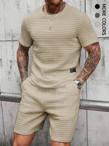 Men's Casual Loose Fit Round Neck T-Shirt and Drawstring Waist Shorts Set, Comfortable Daily Wear, Short Sleeve, Fitted, Regular Length