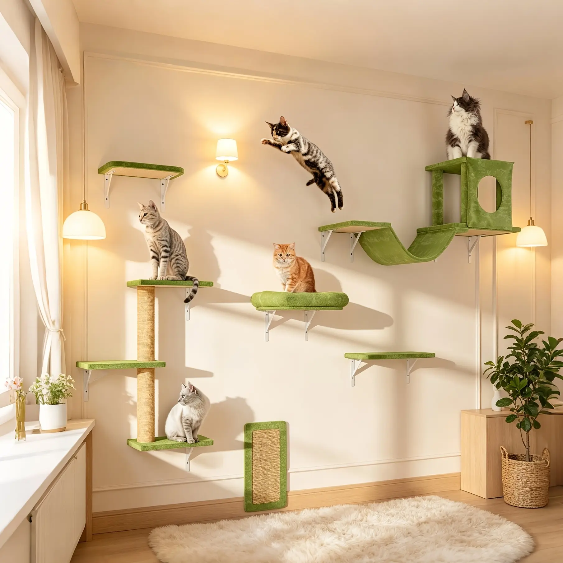 Bifanuo Wall Cat Shelf, Deluxe Wall Mounted Cat Climbing Shelf Set, Indoor Cat Furniture, Includes Cat Condo,Cat Wall Shelves, Cat Scratching Post, Cat Bridge Ladder, Cat Tunnel, Suitable for Cats of All Sizes