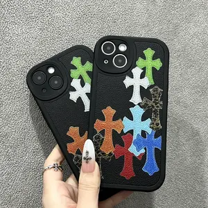 Trendy eco-leather silicone phone case for iPhone 17/16/15/14/13/12/11 2026's newest iPhone 17 Pro Max rainbow cross-pattern shockproof case for men and women