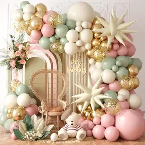 Sage Green & Pink Balloon Garland Arch Kit – Sand White Beige Balloons with Gold Confetti & Star Balloons | DIY Baby Shower, Bridal & Jungle Safari Party Decorations