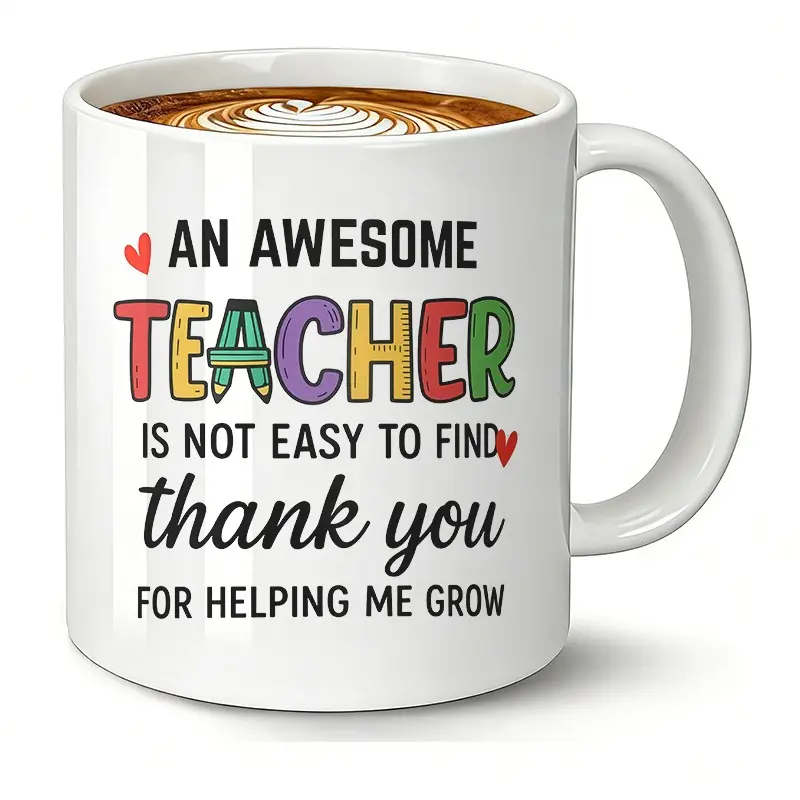 Thank You Teacher Mug, "An Awesome Teacher Is Not Easy to Find, For Helping Me Grow" 11oz White Ceramic Coffee Mug, Funny Coffee Cup, Drinkware, Funny Present, Christmas and Birthday Gift for Teacher from Student, Teacher Appreciation Gift