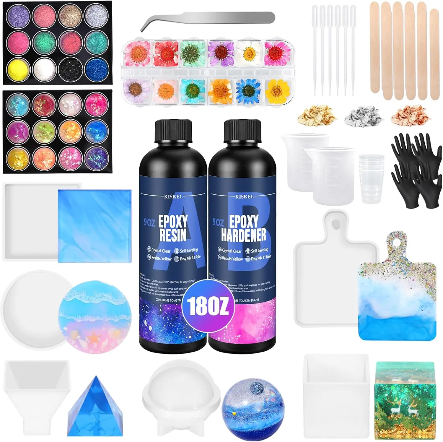 Epoxy Resin Kit for Beginners, Resin Kit with Molds, 18OZ Epoxy Kit with Dried Flowers, Measuring Cups and Resina Supplies