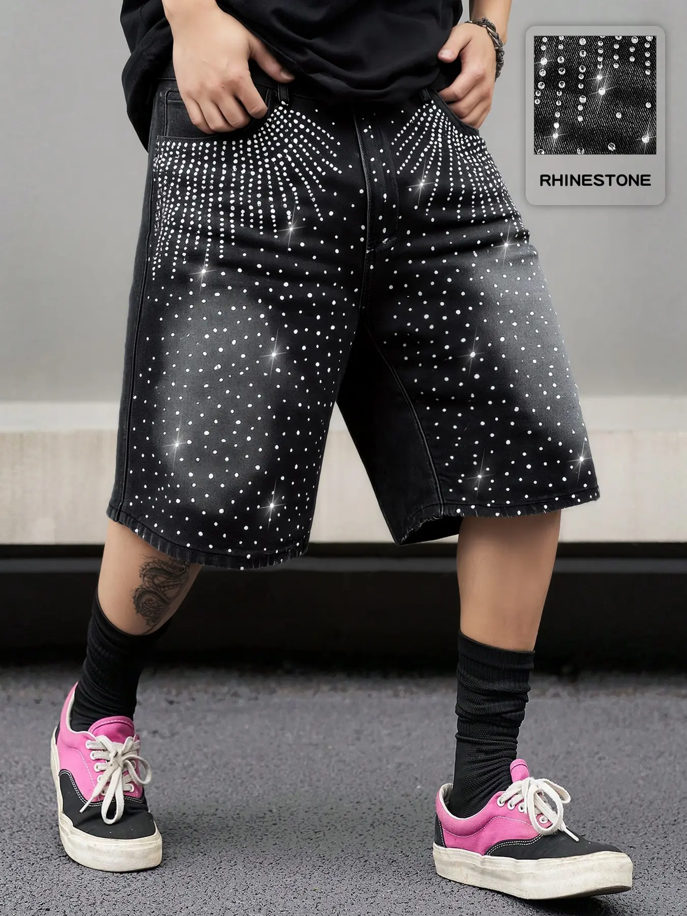 Unisex diamond-encrusted casual denim shorts, starry sky casual denim five-inch pants, American street style, fashionable daily wear denim Bottom Fit Loose Casual Shorts Rhinestone Shorts