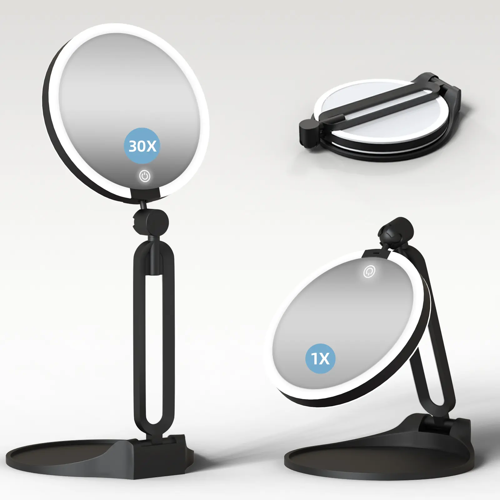 6-inch Cosmetic Magnifying Mirror with Base And Stand,1X/30X Double-sided LED Lighted Portable Mirror; FoldableAnd Adjustable Travel Mirror; for Business, Travel And Dates;Rechargeable Large-capacity Mirror; for Daily Makeup, SkinCare