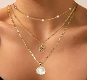 Hothty Gold Layered Necklaces for Women 3 Pairs,14k Gold Plated Waterproof Dainty Choker Necklace Summer Seashell Pearl Beach Cute Necklaces Set Fashion Jewelry Gift