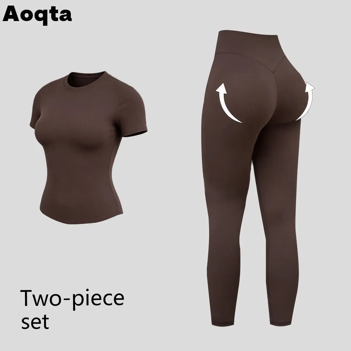Aoqta women’s two-piece sports set featuring a crew-neck short-sleeve fitted top paired with high-waisted full-length leggings, suitable for yoga, Pilates, workouts, training, and everyday wear. fashion gym fitness tracksuit 2-piece sweatsuit crop t-shirt