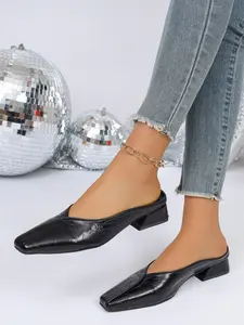 Women's Korean Style Half Slipper Sandals, New Square Toe Flat Bottom One-Step Mules, Summer Outdoor Wear Single Shoes