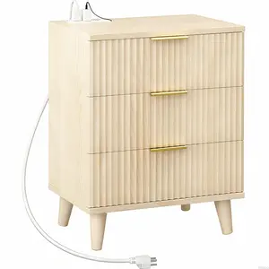 Cooelf Fluted Nightstand with 3 Drawer Dresser, Modern Night Stand with USB Charging Station, Bedside Table with Quiet Drawers & Large Storage, End Table for Bedroom