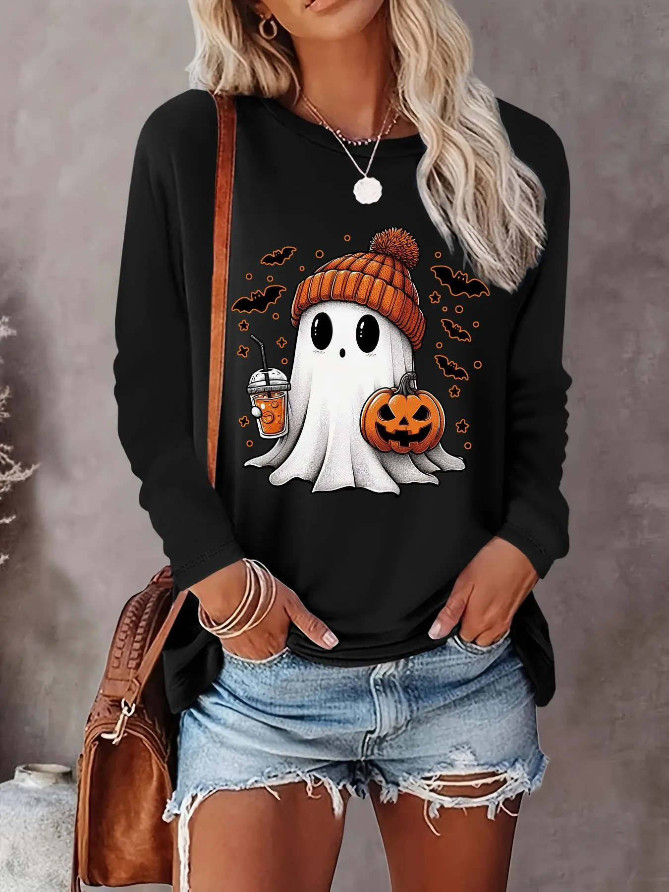 Women's Halloween Themed Ghost Print Round Neck Sweatshirt, Casual Long Sleeve Crew Neck Pullover for Daily Wear, Women Clothing for All Seasons