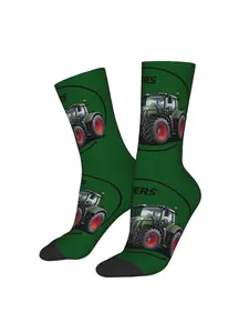 1pc Men'S Tractor Print Crew Socks - Green & Farm-Themed Novelty Socks with Tractor Design, Durable Knit Fabric for Construction Workers, Farmers, Tractor Socks, Construction Worker Gear, Farmthemed Socks, Comfortable Fit Socks