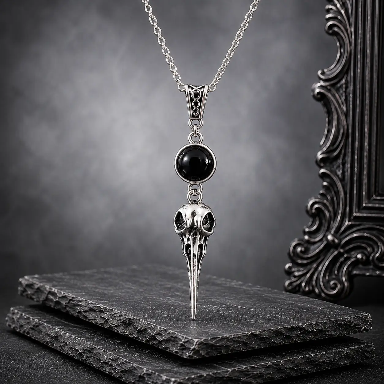 Vintage Gothic Raven Skull Necklace, Black Onyx Pendant Chain for Men & Women, Punk Dark Fantasy Jewelry, Unisex Gothic Accessories, Halloween Gift