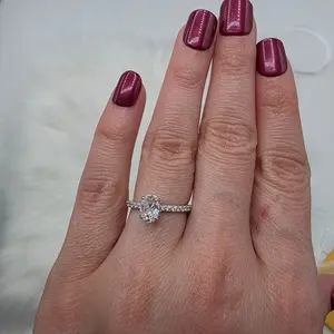Size 7 Moissanite Engagement Oval Ring Sterling Silver - Hidden Halo - Classy