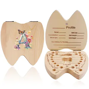 Wooden Milk Tooth Box - Tooth Fairy Box for Deciduous Teeth | Lanugo & Umbilical Cord Collection Holder (Holds 20 Teeth) | Ideal Gift for New Parents & Nursery Room Decor | 26 Letters Butterfly Pattern