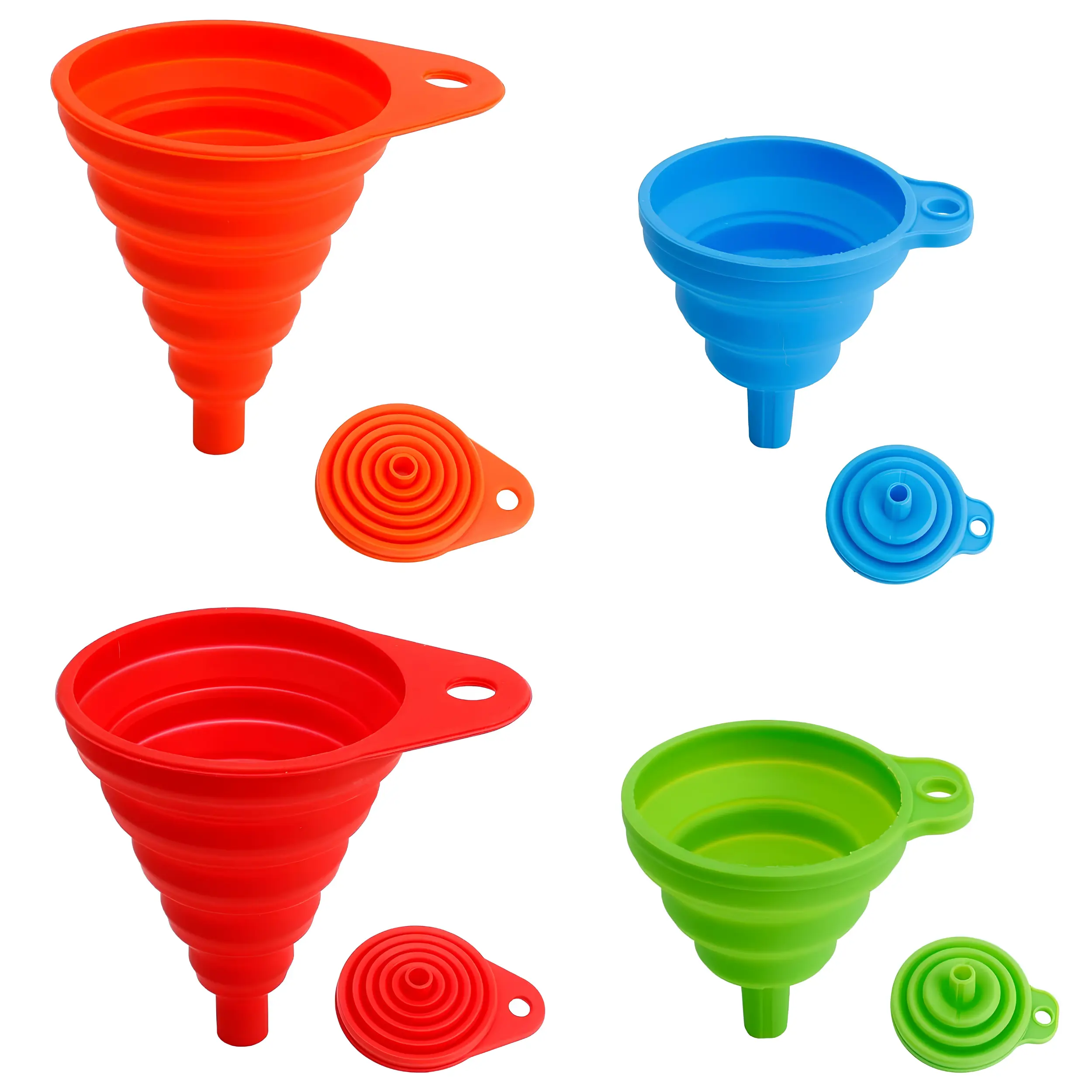 4 Pack Collapsible Silicone Kitchen Funnel Set Small & Large Foldable Flexible Funnels for Filling Water, Oil, Beer, Juice & Bottles, Food Grade Mini Funnel Set for Kitchen, Camping, Canning & Baking