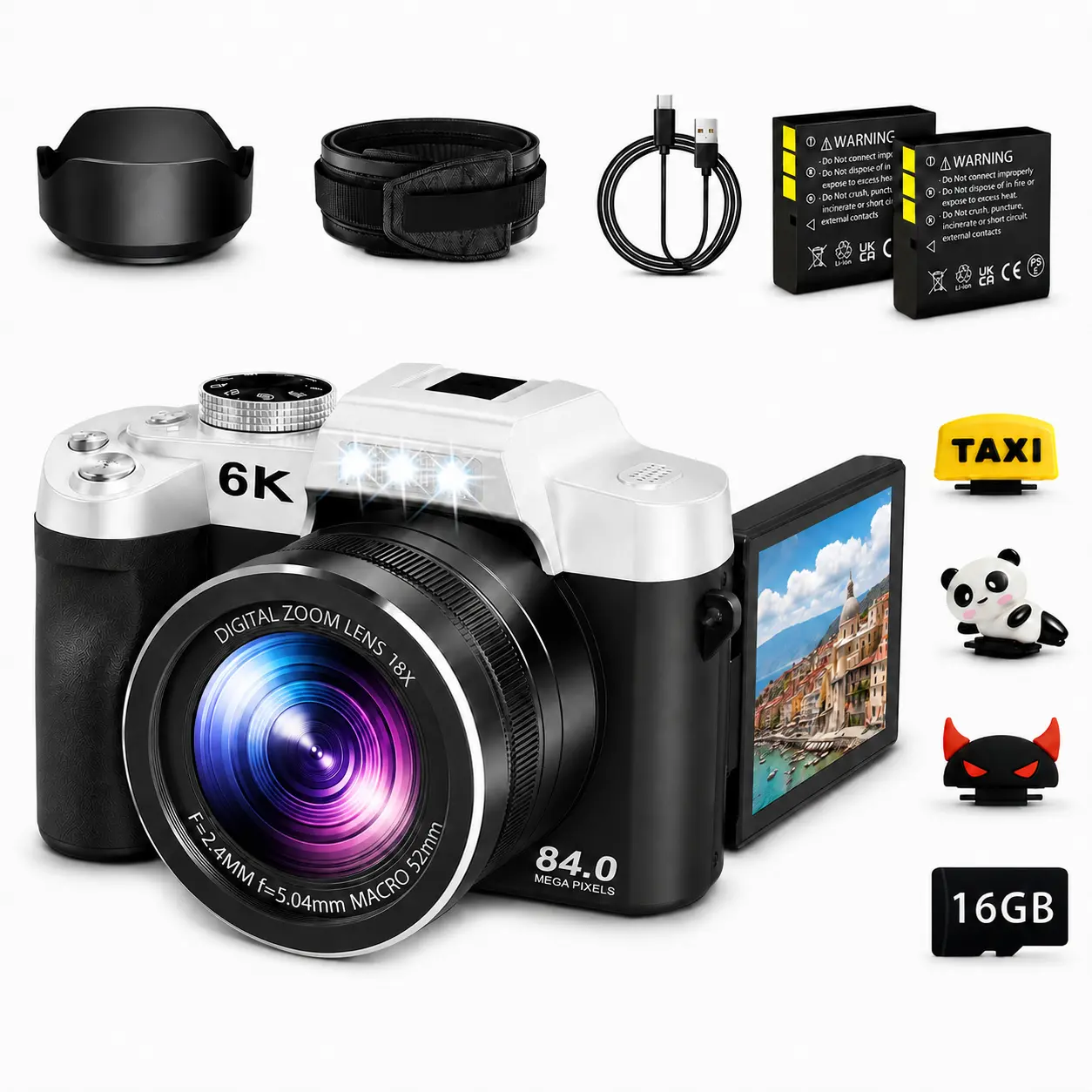 6K Digital Camera for Photography, 84MP Point and Shoot Camera with 3" Touch Screen, 18X Digital Zoom, 16GB Card & 2 Batteries, Vlog Camera for Teens Beginners