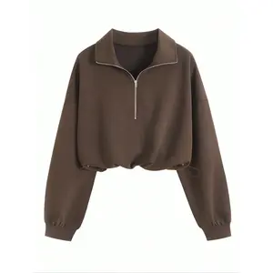 Women’s Fall New Basic Minimalist Solid Color Zip-Shoulder Drop Loose Fit Adjustable Hem Pullover Sweatshirt, Casual Fashion Long Sleeve Top