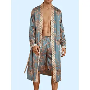 Men's Sleep Robe, Elegant And Light Luxury Pajamas Set, Stylish Gorgeous Floral Print, V-neck Long Sleeve Sleep Robe And Shorts, Sleep Wear Robe Set For Home Wear