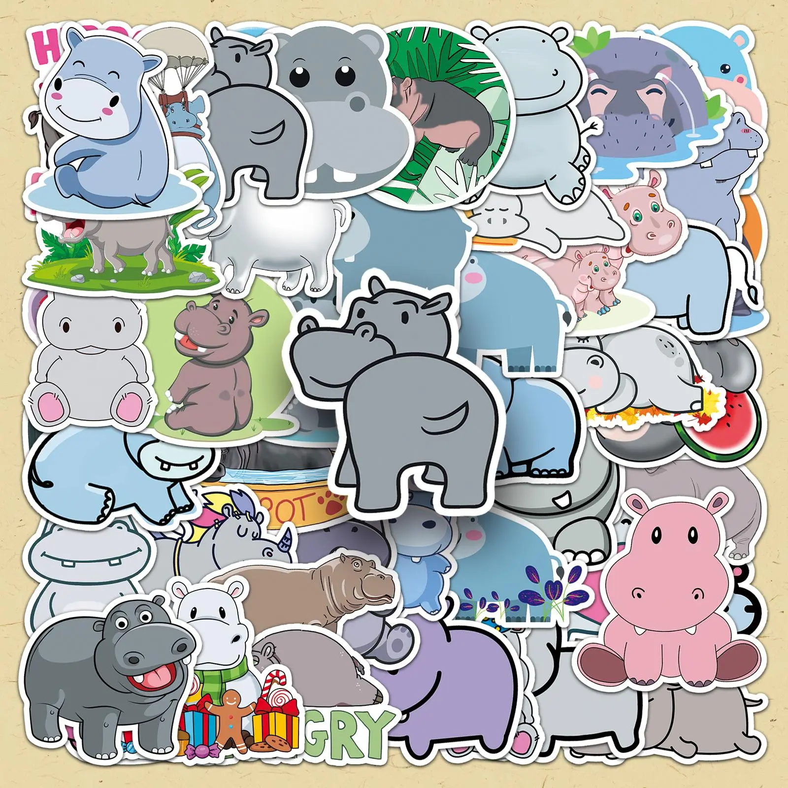 Cartoon Elephant Pattern Sticker, 50pcs/set Cute Animal Decorative Sticker, DIY Decals for Water Bottle, Laptop, Phone Case, Scrapbooking, Journal Making