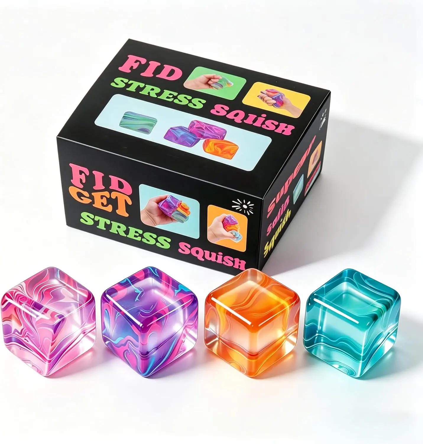 4-Piece Mini Stress Relief Cube and Ball Set - Squeezable Sensory Toys for Kids, Ice-Feel Cubes, Candy-Style Balls, Autism Support, Classroom Rewards