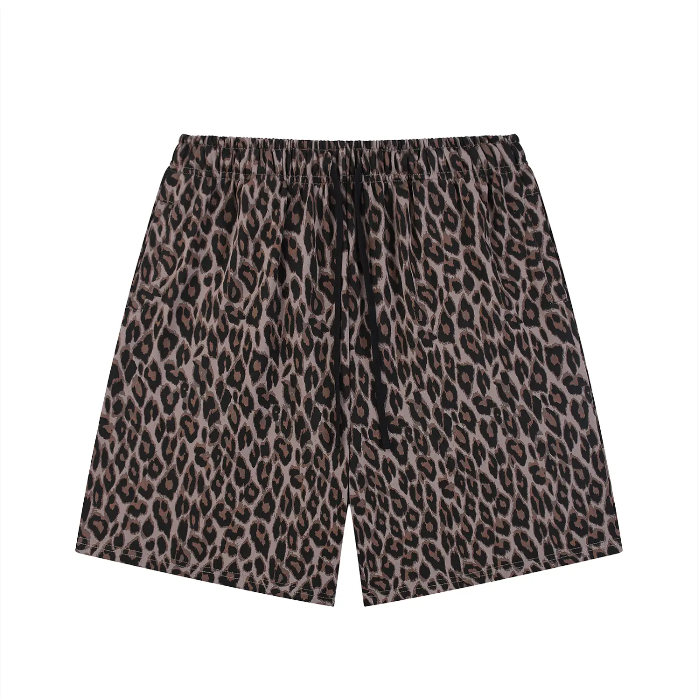 Men's Preppy Handmade Reclaimed Heavyweight Leopard Pattern Crop Shorts - Thick Natural Cotton Patchwork, Mid Waist, Drawstring, Loose-Fitting, Machine Washable Casual Holiday Bottoms, Iron at Low Temperature