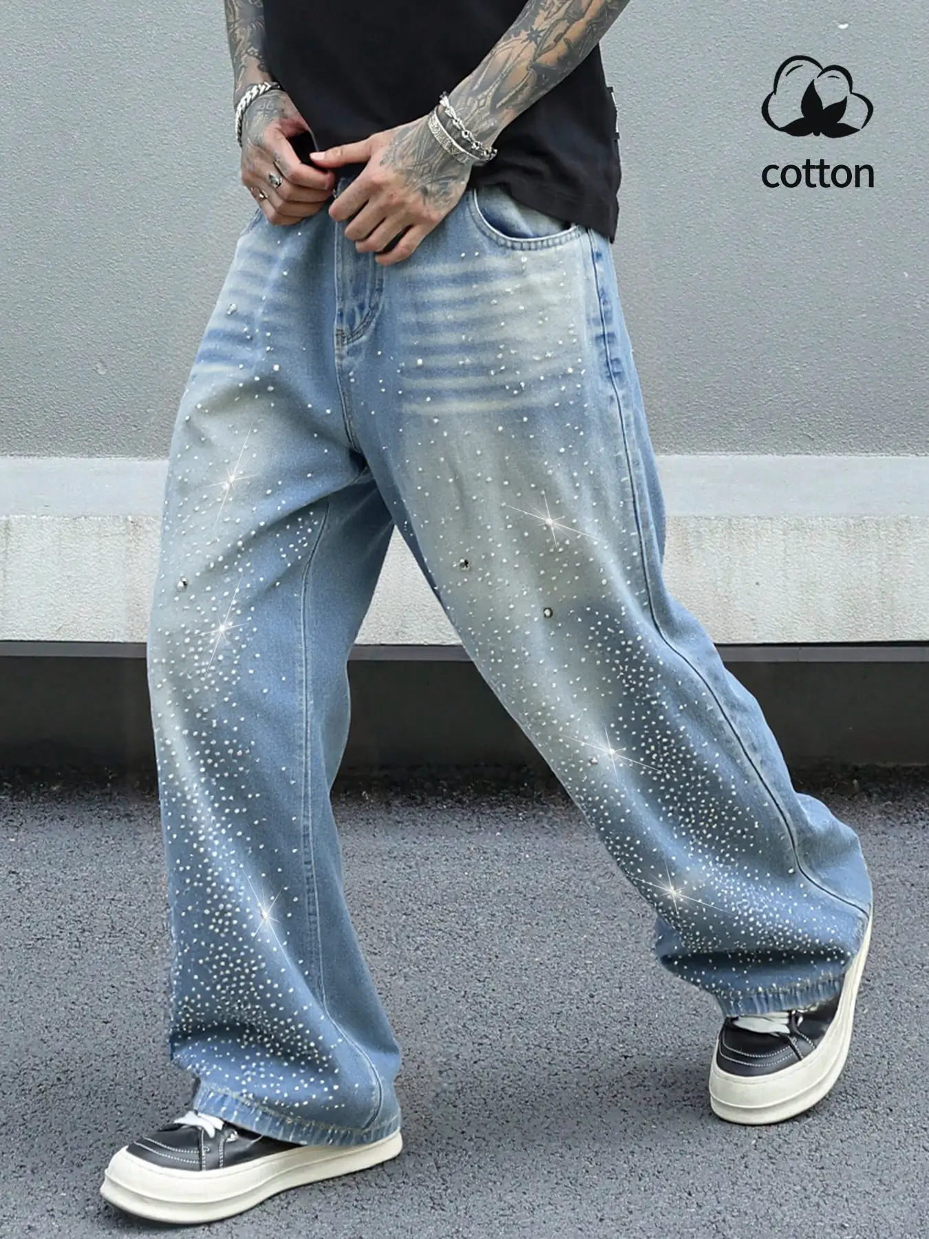 Men's Rhinestone Embellished Denim Jeans Pants, High-Waisted Fitted Design, Letter Stitching & Water Drill Details, Casual Streetwear All-Season Wear, Diamond Jeans