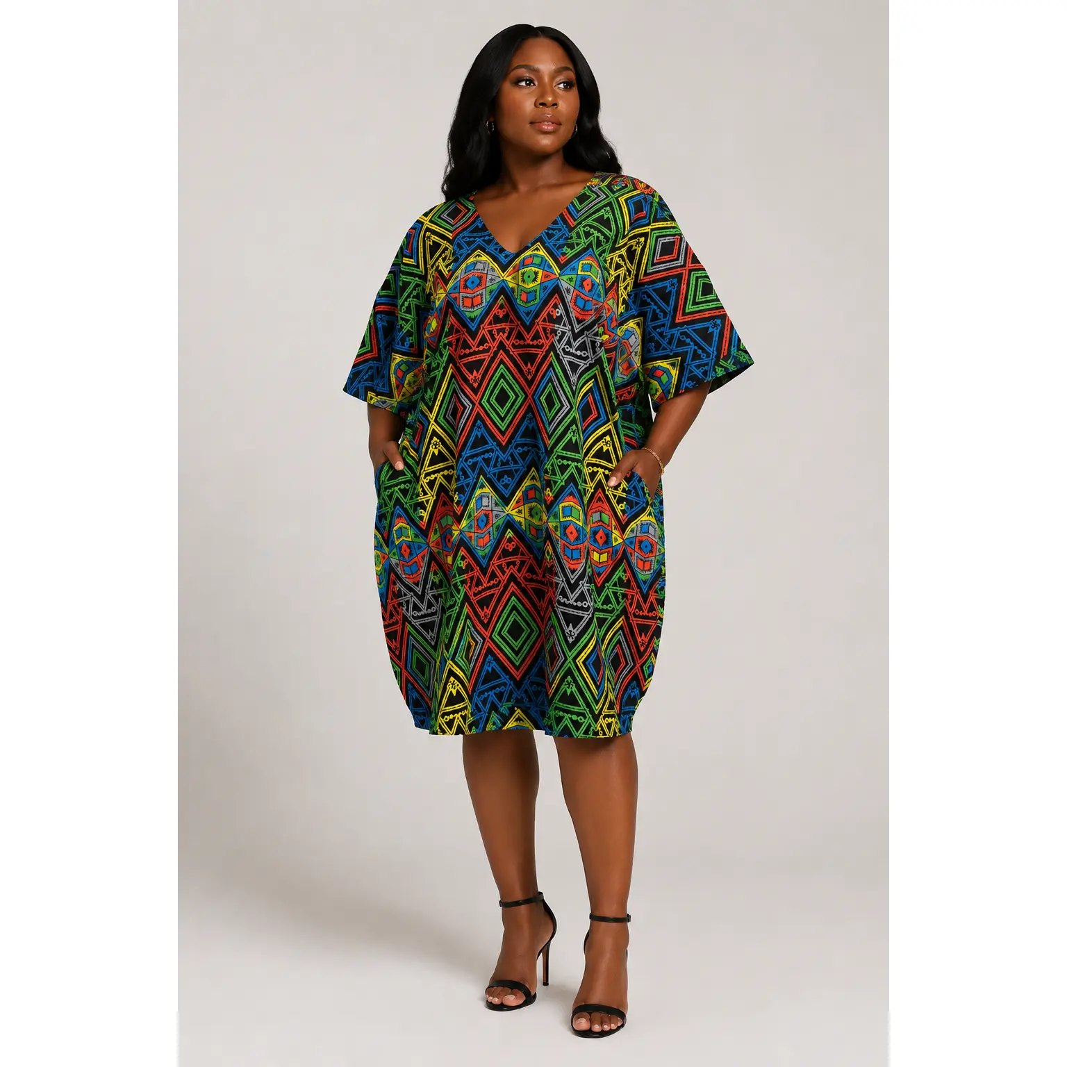 Ankara Cocoon Dress Plus Size Multicolor Geometric African Print Midi Dress V Neck Kimono Sleeve Pocket Dress Women Casual Occasion African Print Dress