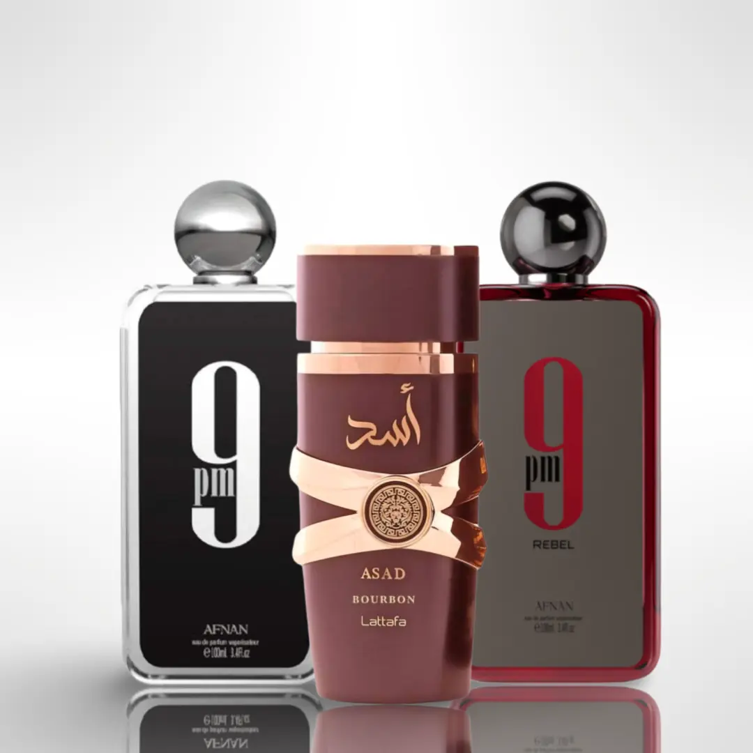 Lattafa Arabian Perfume Multi-Pack Gift Bundle - 3.4oz (100ML) Set of 9PM, 9PM Rebel, Asad Bourbon Luxury-Inspired Fruit-Flavored Citrus-Woody Fragrance Sets with Blueberry, Sweet Spice, Vanilla Base