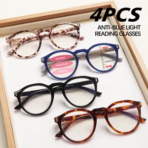 4-Piece Round Frame Progressive Multifocal Blue Light Blocking Reading Glasses Women's Reading Glasses Unique Spring Hinge Design Fits All Face Shapes Suitable For Various Occasions And Everyday Styling
