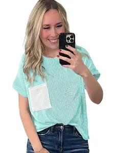 Pink Corded Knit Color Block Pocketed Crew Neck T Shirt for Womenswear - Soft & Breathable 75% Polyester 20% Viscose 5% Elastane Chic Detail