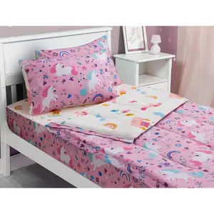 3pcs Kids Zipper Bedding Comforter Set for Girls, Twin Rainbow Unicorn All-in-one Zipper Bedding Pink Twin