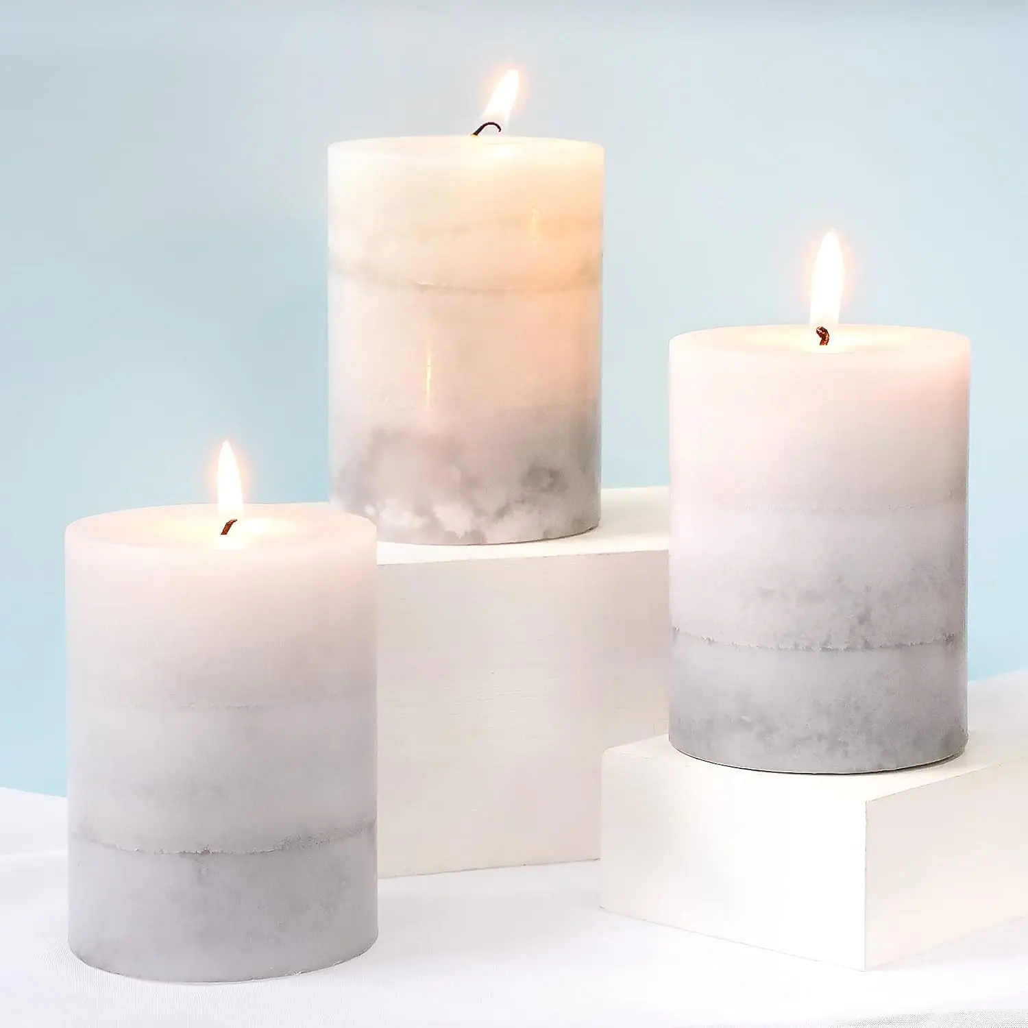 Set of 3 Scented Pillar Candles Creamy Coconut Scented 3" x 4" Long-Lasting  Candle White Gray Palette Pillar Candle Clean  No Drip Candles  for Home Party Dinner Table Decor