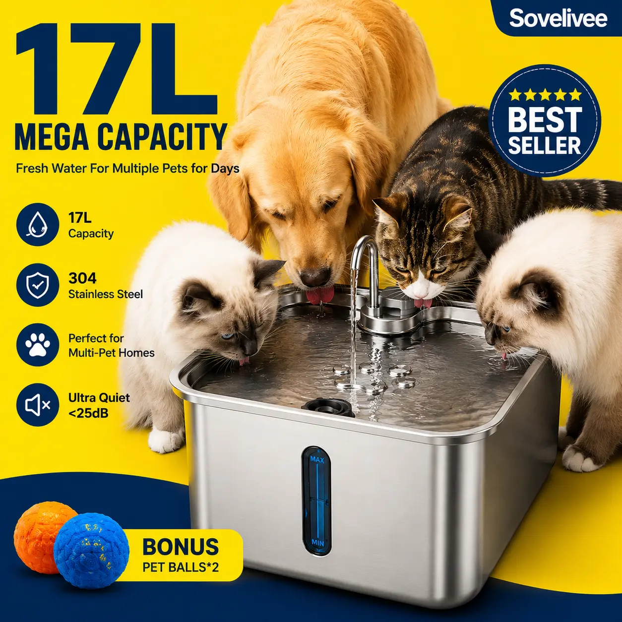 Sovelivee 17L Stainless Steel Pet Water Fountain for Cats & Dogs | Automatic Cat Water Fountain, Large Capacity Water Dispenser for Multiple Pets, Ultra Quiet