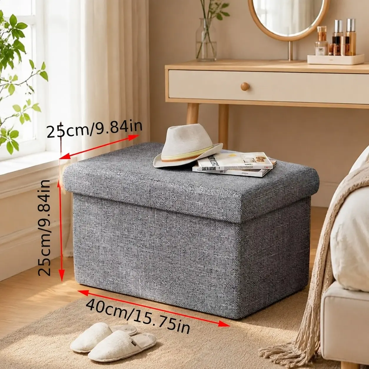 Multifunctional Foldable Storage Bench, Fabric Cotton Linen Material, Toy Book Junk Organizer, Car Home Shoe Changing Seat, Space-Saving Storage Box, Folding Storage Ottoman