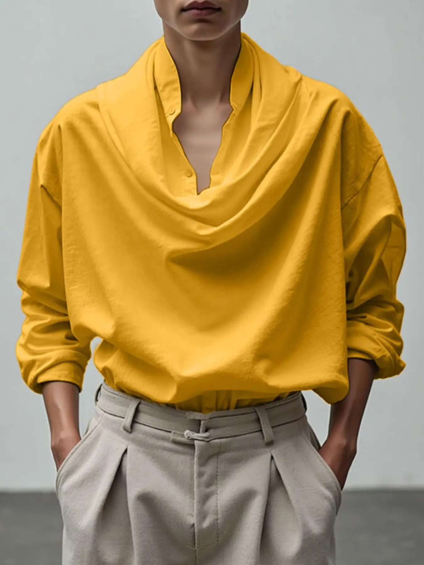 INCERUN Men's Fashion Casual Solid Color T-Shirt, Deconstructed Net Color Loose Fit Long Sleeve Design, Ideal for Daily Outdoors Commuting Top, Menswear