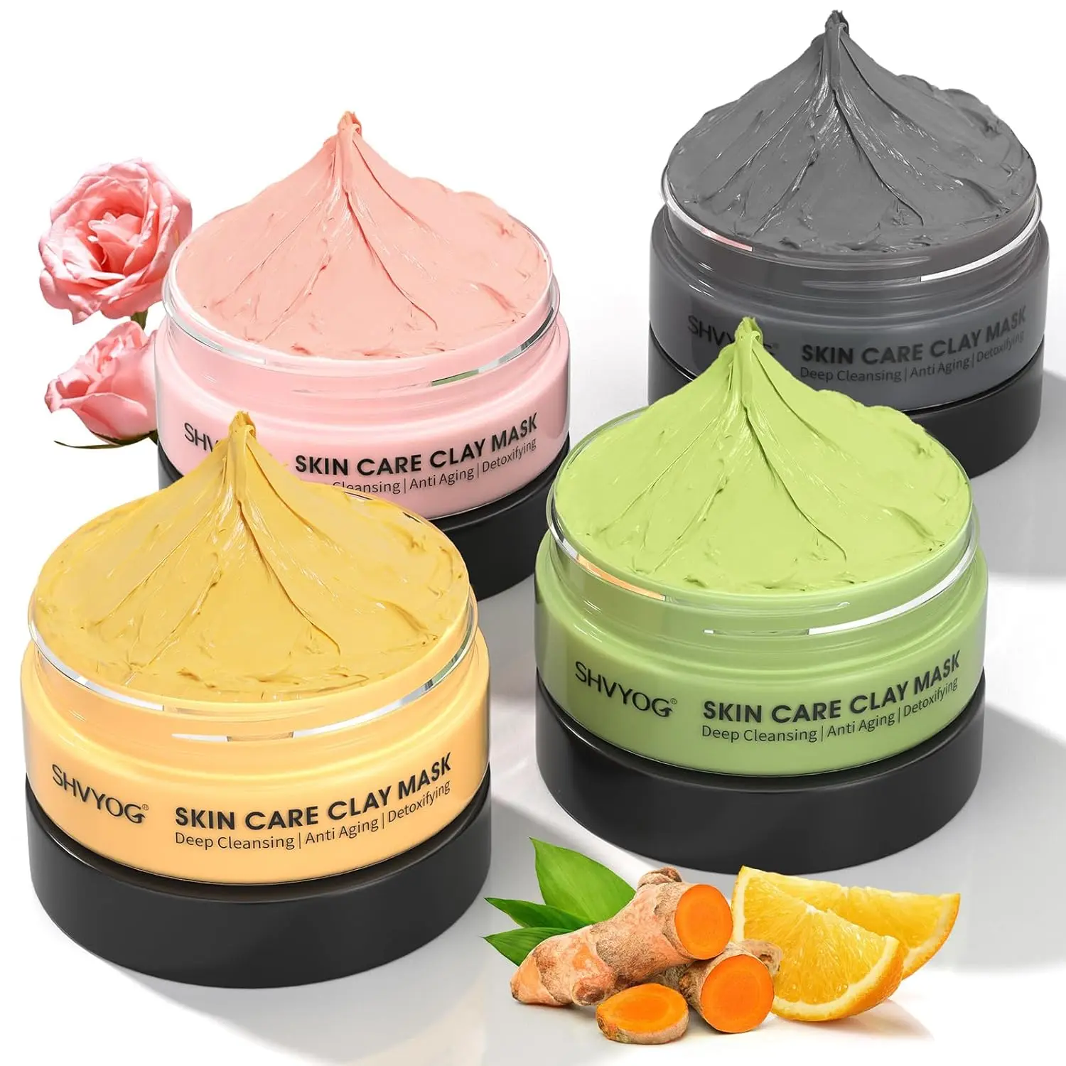 4Pcs Face Mask Set - Turmeric Clay Mask, Vitamin C, Green Tea, Rose, Dead Sea Mud Mask, Skin Care Mask for Deep Cleansing, Refining Pores, Valentine's Day Gifts for Women-