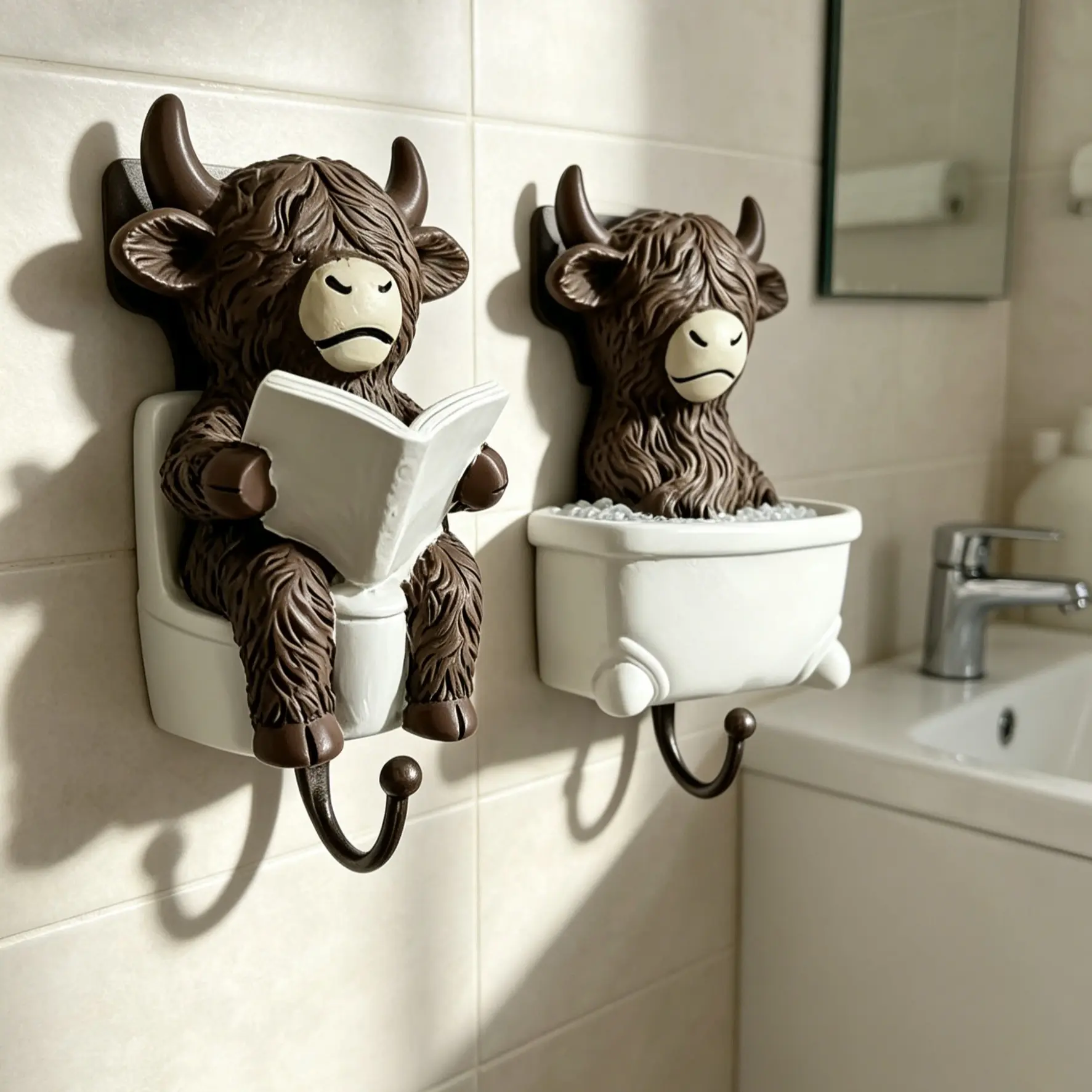 Funny Bathroom Decor Hook Set, Hand Towel Hook, Highland Cow Book Toilet Hook, Farmhouse Style Ceramic Hook, Wall Mount, No Drilling, Gift Idea, Bathroom Hooks for Towels