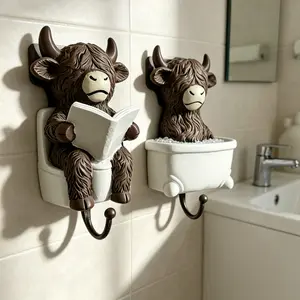 Funny Bathroom Decor Hook Set, Highland Cow Book Toilet Hook, Farmhouse Style Ceramic Hook, Wall Mount, No Drilling, Gift Idea