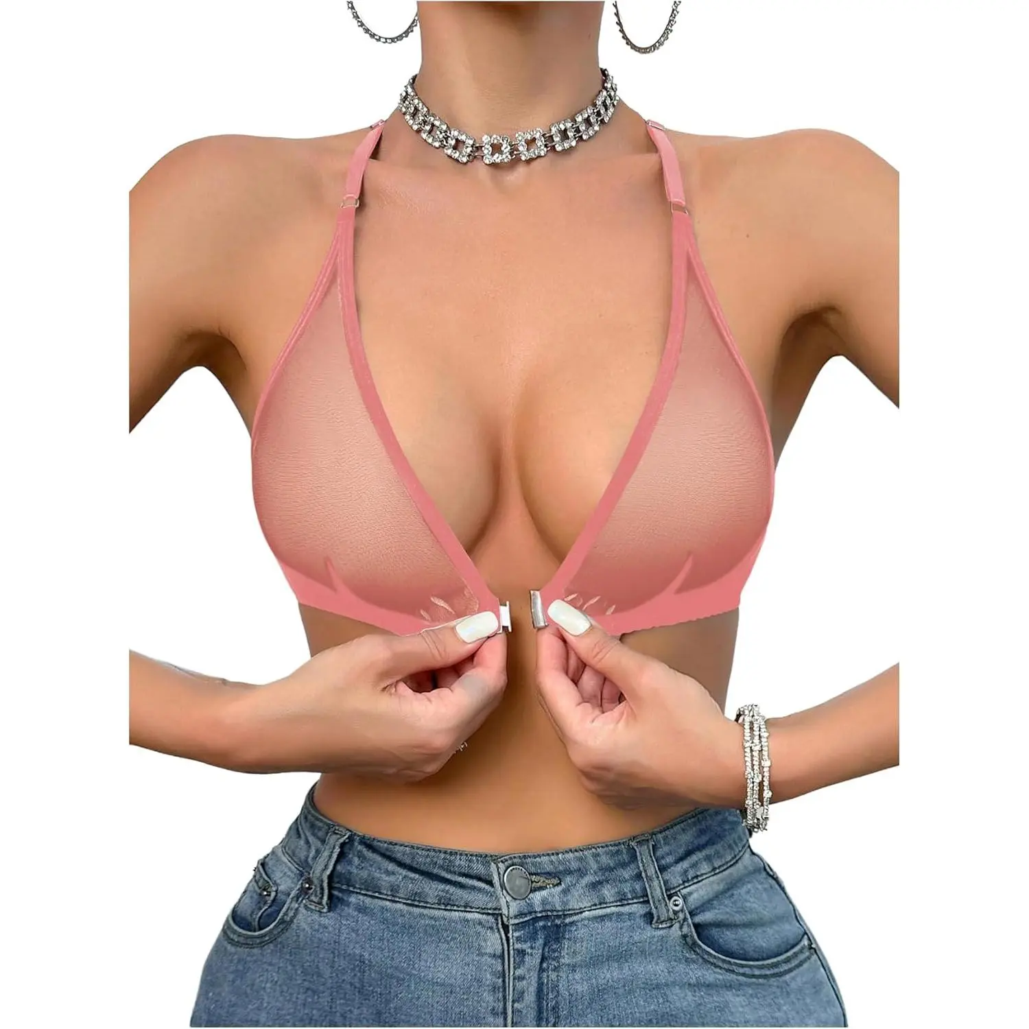 Women's Basic Sheer Mesh Bralette - Front Closure, Deep V-Neck, Wireless, Sexy Lingerie Top, Sheer Cropped, No Underwire, Lace Mesh, Soft Design Bralettes, Sheer Cropped Bralettes, No Underwire Bralettes