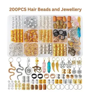 200PCS Hair Beads and Jewelry for Braids, Dreadlock Beads with Crystal Charms, Metal Coil Rings, Pendants, Braid Cuffs Clips and Loc Tube Accessories for Hair Decoration