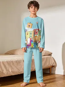 2-piece Boys' Long-Sleeve and Long-Pajama Set with Number Block Patterns, featuring digital printing and flame-retardant fabric. This soft, skin-friendly casual loungewear ensures comfortable sleep for kids and is an ideal gift choice for boys.