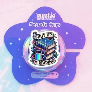 Shut Up I'm Reading Phone Grip – Sassy Bookish Quote, Blue Book Stack with Coffee, Funny Introvert Accessory, Gift for Book Worms.