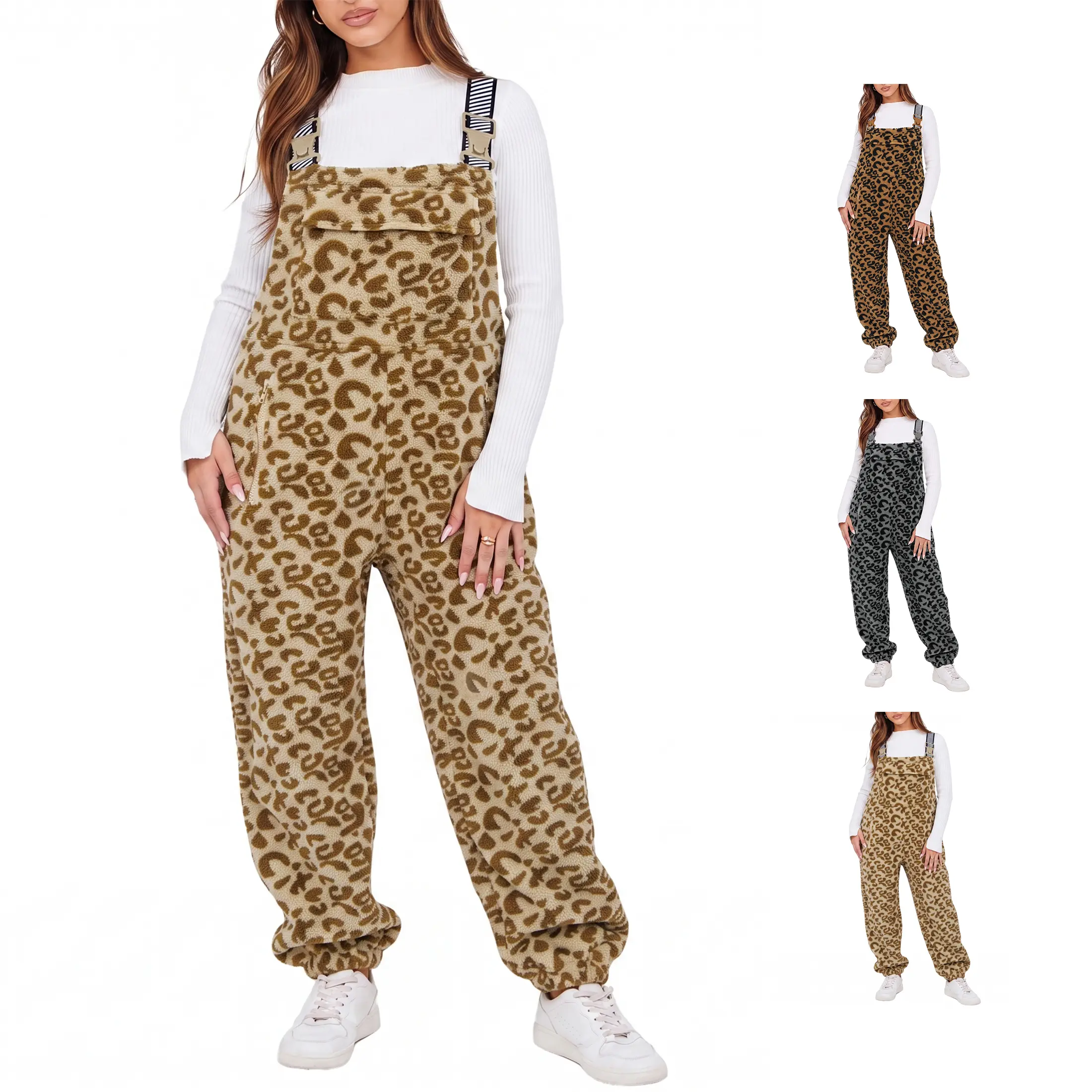 Molitree Women's Leopard Print Sherpa Fleece Overalls Cozy Winter Bib Pants Loose Fit Jumpsuit with Pockets Casual