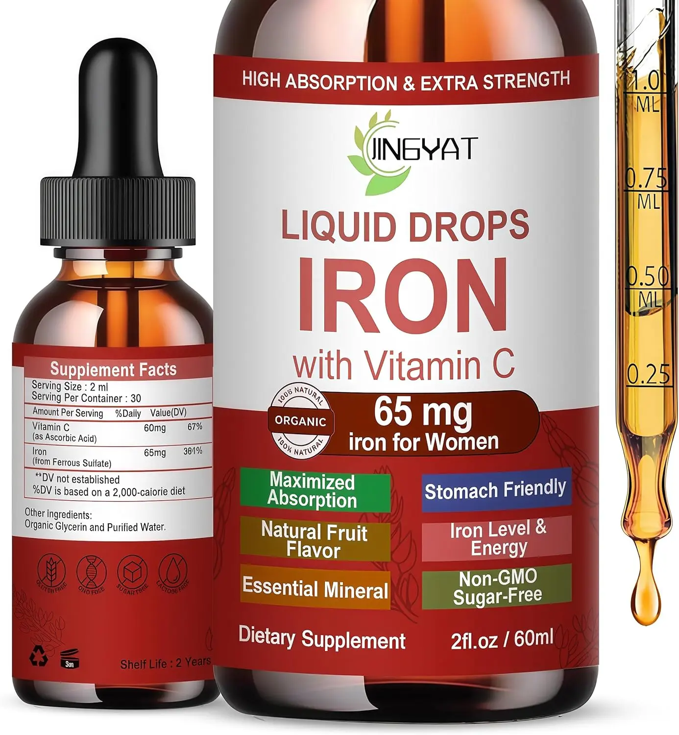 Iron Supplement Liquid Drops, High Absorption Iron Supplement for Women 65 mg, Liquid Iron for Red Blood Cell Support*, Vegan Essential Mineral Iron Drops with Vitamin C, Non-GMO, 30 Servings Pack of 1