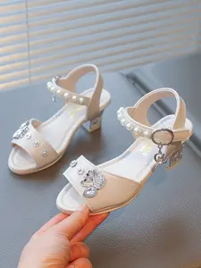 Girls' Swan Rhinestone Pearl Princess Sandals, Sweet Luxury Fairy Style, Velcro Design, Soft Breathable Sole, Perfect for Daily Wear, Parties, Events, Fancy Sandals