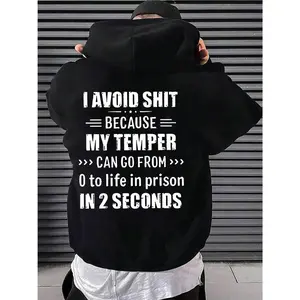 "I Avoid Shit Because My Temper"Comfortable Men'S Back Printed Hoodie, Casual Wear For Everyday Errands, Informal Hang - Outs, Anger - Management - Related Discussions