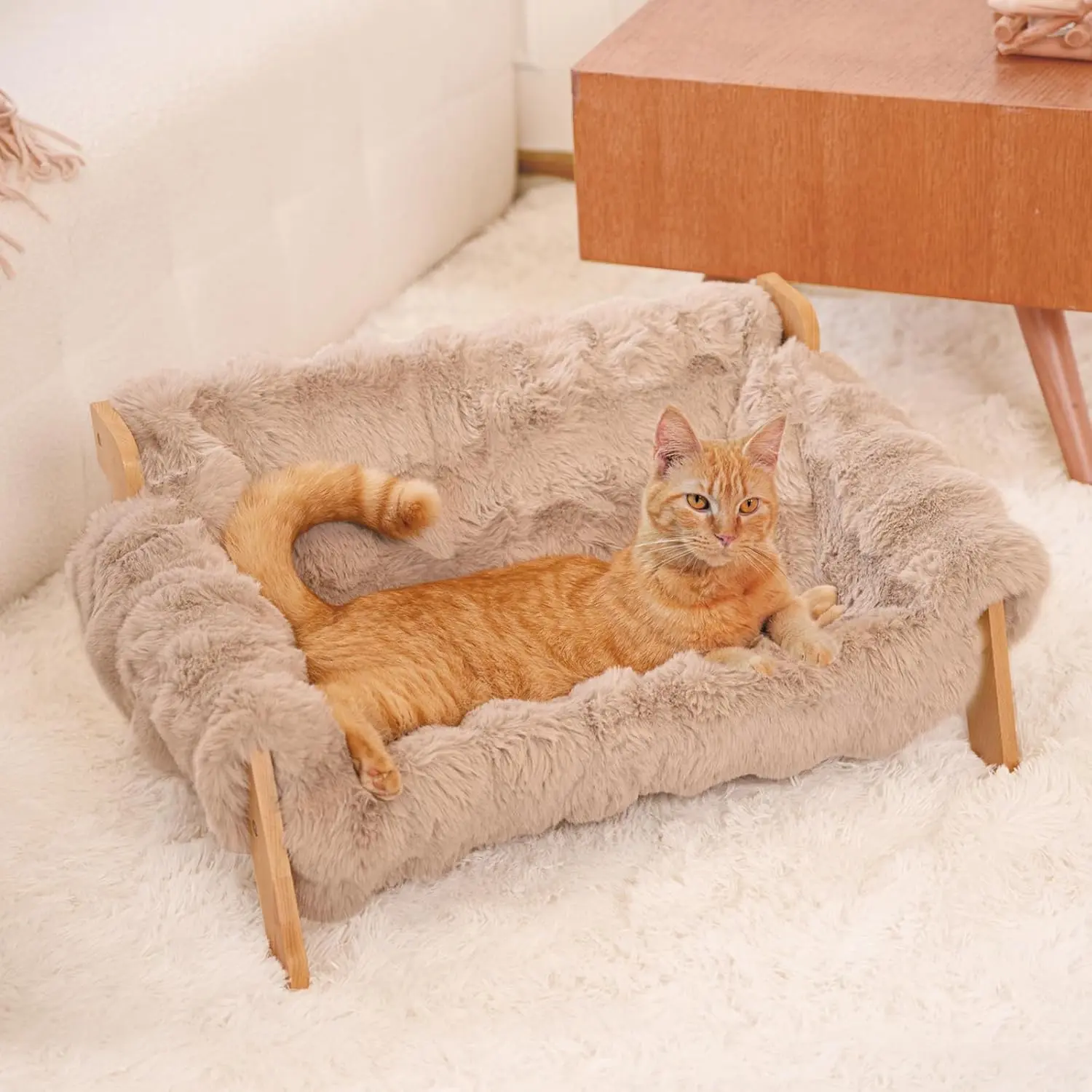 Elevated  Couch Bed for Indoor , Wooden  Sofa with Removable Washable Fluffy Cover Raised Kitty Lounge Chair Suitable for Puppy( Sofa Khaki) Cat
