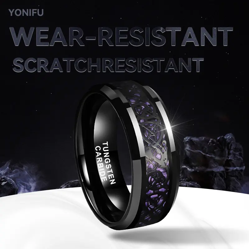 Yonifu 8MM Black Purple Celtic Dragon Tungsten Men’s Engagement Ring, Wedding Band, Elegant Fashion Jewelry Ring, Elegant Fashion Rings, Jewelry Rings