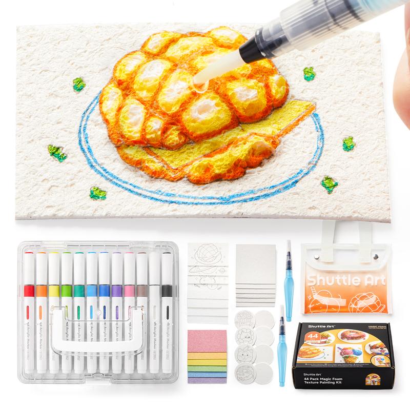 Bundle Clearance 44 Pcs Magic Foam Texture Painting Kit, Including 28 Pcs Foam Texture Paper, 12 Colors Brush Tip Automatic Ink Control Acrylic Paint Markers, Magical 3D Effect Painting Kit for DIY Arts,toys, toy,Crafts,gift, Handcraft, Handicraft